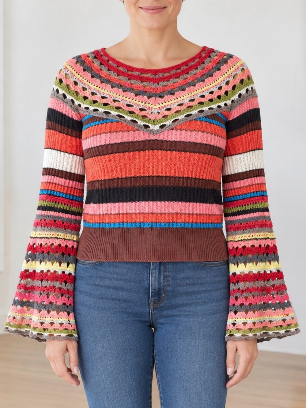 Free People Multicolor Stripe Crochet Bell Sleeve Crop Knit Sweater Sz XS EUC